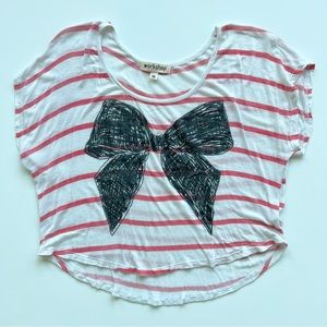 Workshop Pink and White Striped Bow Cropped T-Shirt, Medium